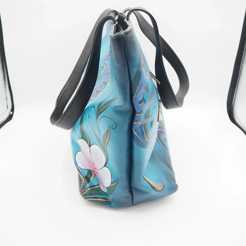 Anna By Anuschka Women's Hand Painted Leather Tote Bag Purse Floral Paisley Boho